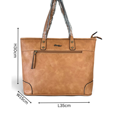Cotton Road Handbag in tan PU leather with twin handles, contrast stitching and front zip pocket.
