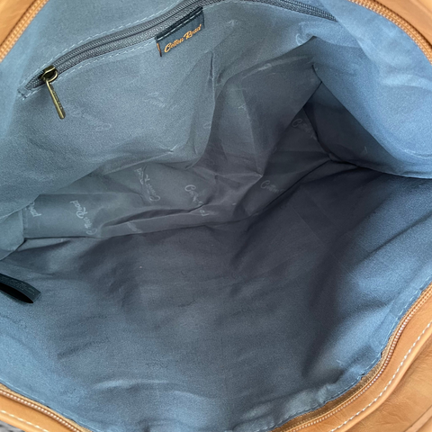 Cotton Road Handbag in khaki PU leather with spacious blue-lined interior and secure zip pocket