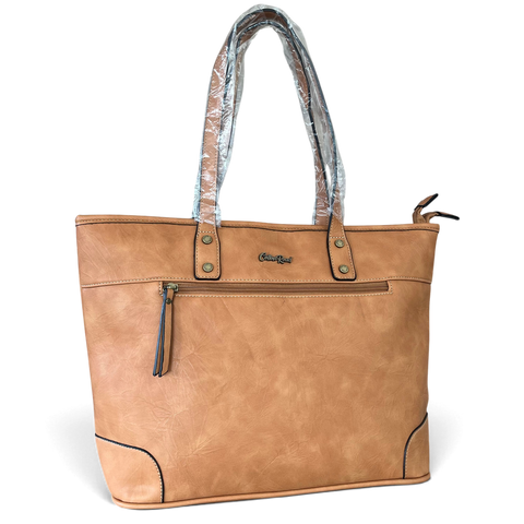 Cotton Road Handbag in tan PU leather, featuring twin handles, contrast stitching and front zip pocket