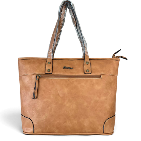 Cotton Road Handbag in tan PU leather with twin handles, contrast stitching and front zip pocket
