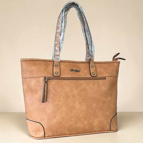 Cotton Road Handbag in tan PU leather, featuring twin handles, contrast stitching and a front zip pocket