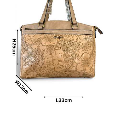 Cotton Road Handbag: KHAKI PU Leather with EMBOSSED FLOWERS