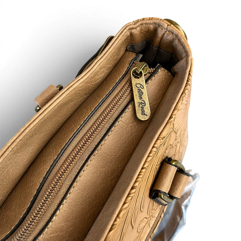 Cotton Road Handbag: KHAKI PU Leather with EMBOSSED FLOWERS
