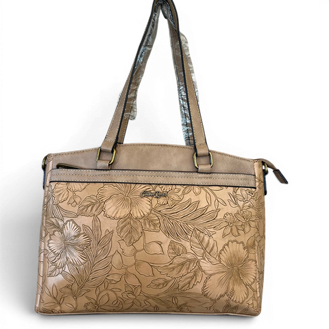 Cotton Road Handbag: KHAKI PU Leather with EMBOSSED FLOWERS
