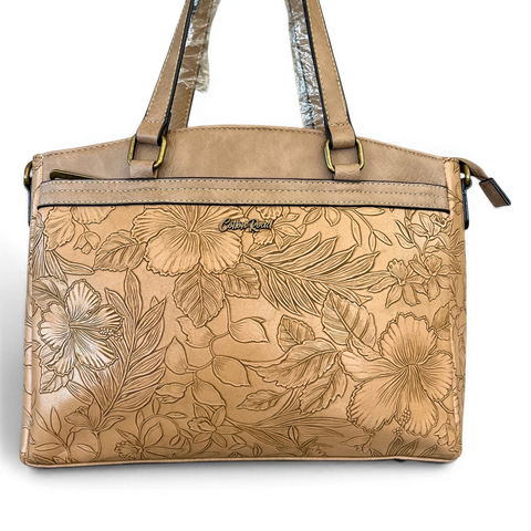 Cotton Road Handbag: KHAKI PU Leather with EMBOSSED FLOWERS
