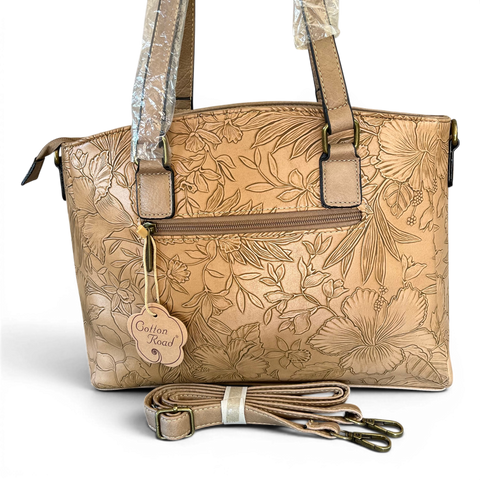 Cotton Road Handbag: KHAKI PU Leather with EMBOSSED FLOWERS