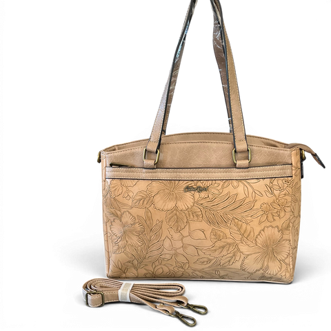 Cotton Road Handbag: KHAKI PU Leather with EMBOSSED FLOWERS