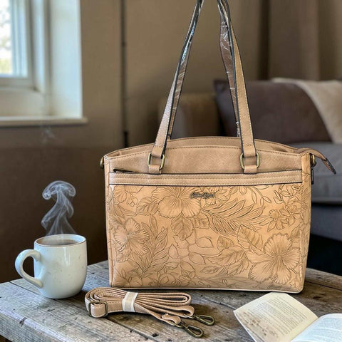 Cotton Road Handbag: KHAKI PU Leather with EMBOSSED FLOWERS