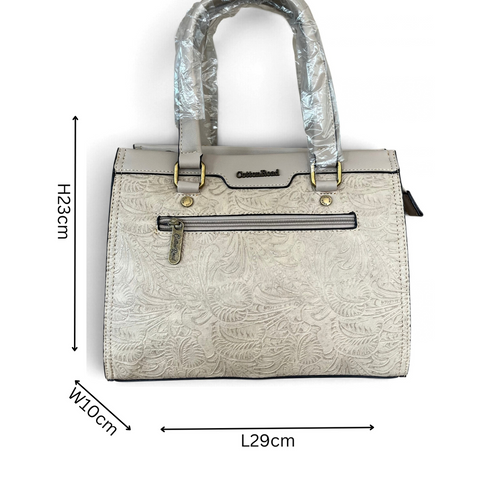 Cotton Road Handbag: KHAKI PU Leather with EMBOSSED Panel