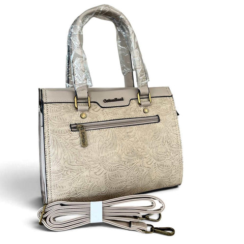 Cotton Road Handbag: KHAKI PU Leather with EMBOSSED Panel