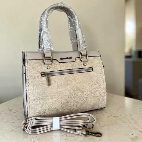 Cotton Road Handbag: KHAKI PU Leather with EMBOSSED Panel