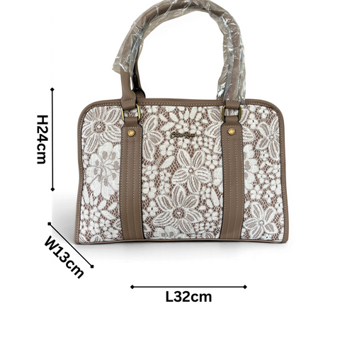 Cotton Road Handbag: KHAKI PU Leather with Lace Print and Matching Wallet
