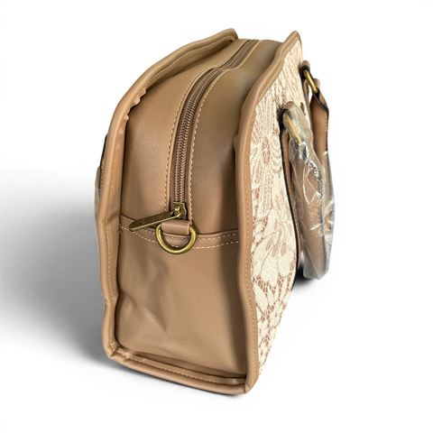 Cotton Road Handbag: KHAKI PU Leather with Lace Print and Matching Wallet