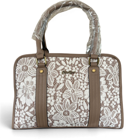 Cotton Road Handbag: KHAKI PU Leather with Lace Print and Matching Wallet