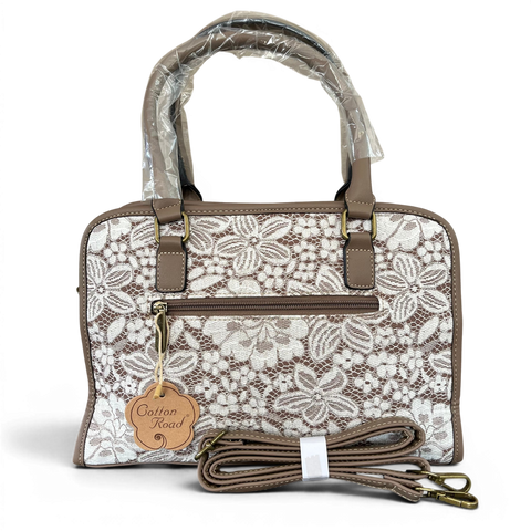 Cotton Road Handbag: KHAKI PU Leather with Lace Print and Matching Wallet