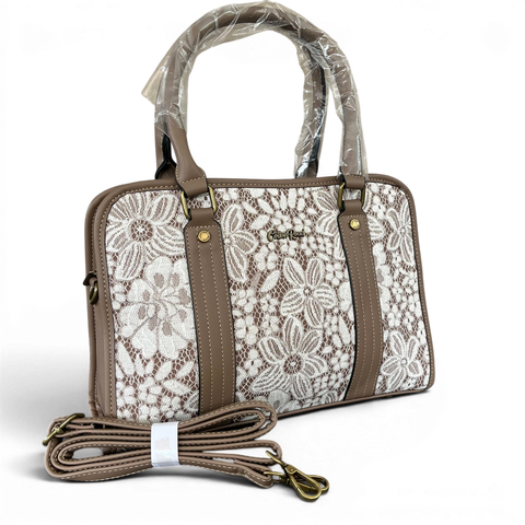 Cotton Road Handbag: KHAKI PU Leather with Lace Print and Matching Wallet
