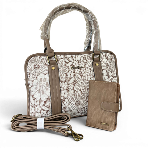 Cotton Road Handbag: KHAKI PU Leather with Lace Print and Matching Wallet