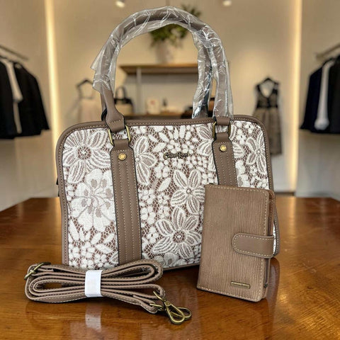 Cotton Road Handbag: KHAKI PU Leather with Lace Print and Matching Wallet