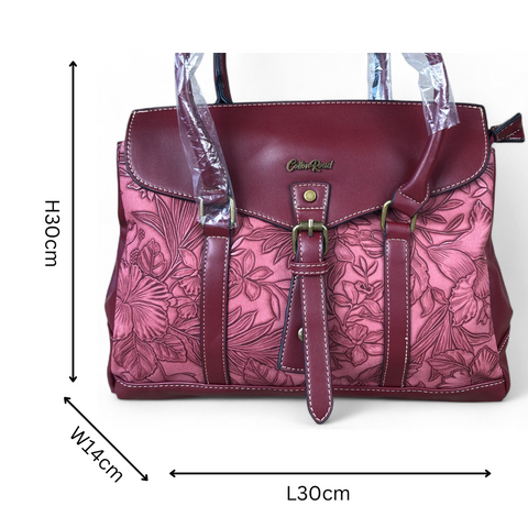 Cotton Road Handbag: MAROON PU Leather Handbag with EMBOSSED FLORAL Panel