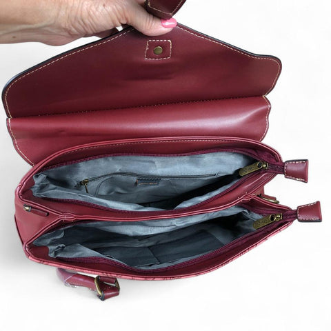 Cotton Road Handbag: MAROON PU Leather Handbag with EMBOSSED FLORAL Panel