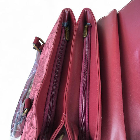 Cotton Road Handbag: MAROON PU Leather Handbag with EMBOSSED FLORAL Panel