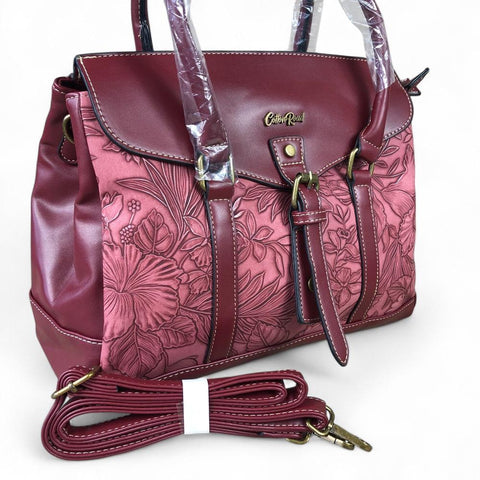Cotton Road Handbag: MAROON PU Leather Handbag with EMBOSSED FLORAL Panel