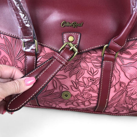 Cotton Road Handbag: MAROON PU Leather Handbag with EMBOSSED FLORAL Panel
