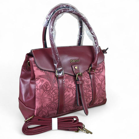 Cotton Road Handbag: MAROON PU Leather Handbag with EMBOSSED FLORAL Panel