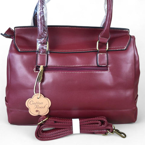 Cotton Road Handbag: MAROON PU Leather Handbag with EMBOSSED FLORAL Panel