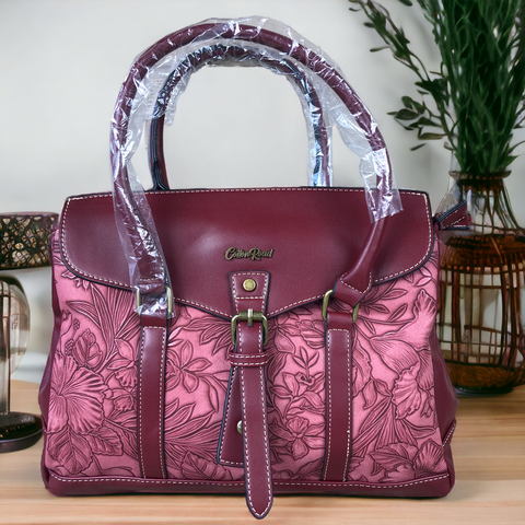 Cotton Road Handbag: MAROON PU Leather Handbag with EMBOSSED FLORAL Panel