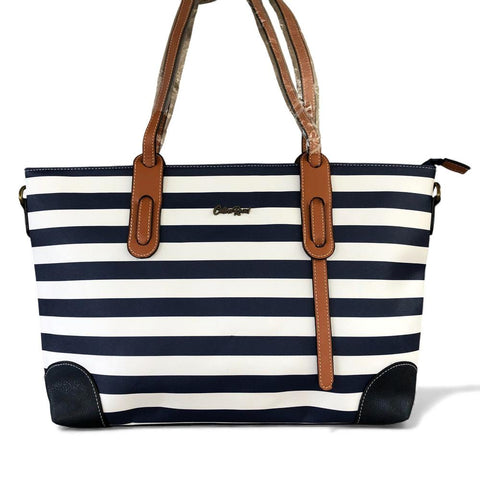 Cotton Road Handbag: NAVY BLUE and WHITE PVC Handbag with STRIPES