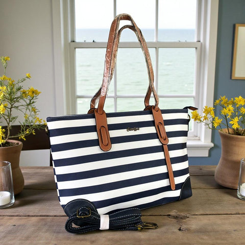Cotton Road Handbag: NAVY BLUE and WHITE PVC Handbag with STRIPES