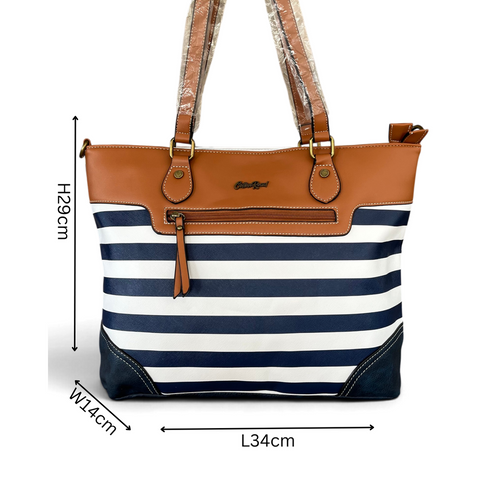 Cotton Road Handbag: NAVY BLUE and WHITE PVC with STRIPES and TAN Trim