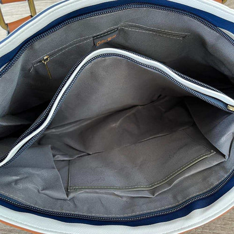 Cotton Road Handbag: NAVY BLUE and WHITE PVC with STRIPES and TAN Trim