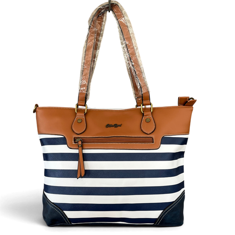 Cotton Road Handbag: NAVY BLUE and WHITE PVC with STRIPES and TAN Trim