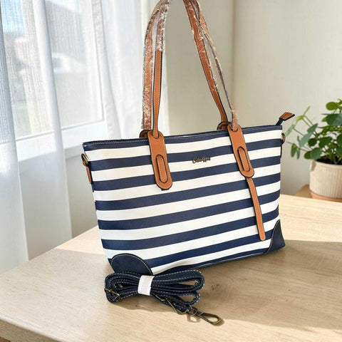 Cotton Road Handbag: NAVY BLUE and WHITE STRIPES with PU Leather Trim