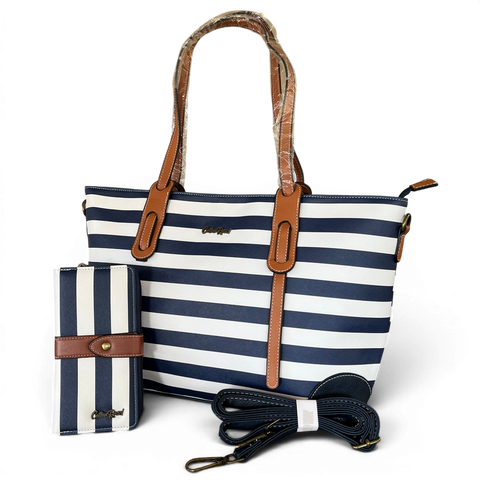 Cotton Road Handbag: NAVY BLUE and WHITE Striped Bag with Matching Wallet