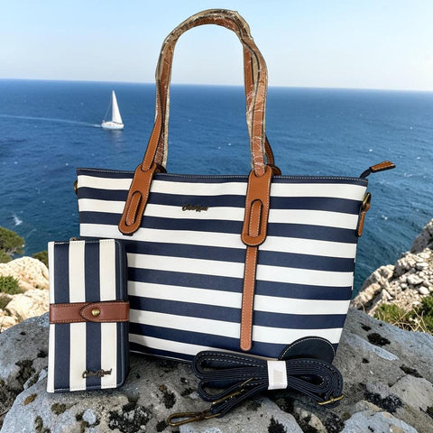 Cotton Road Handbag: NAVY BLUE and WHITE Striped Bag with Matching Wallet