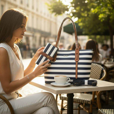 Cotton Road Handbag: NAVY BLUE and WHITE Striped Bag with Matching Wallet