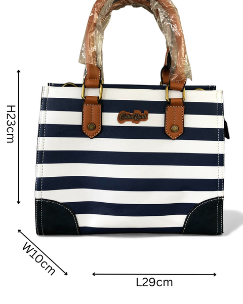Cotton Road Handbag: NAVY and WHITE STRIPED PVC Handbag with TAN Handles