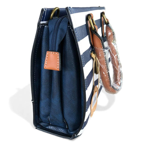 Cotton Road Handbag: NAVY and WHITE STRIPED PVC Handbag with TAN Handles