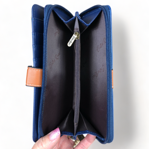 Cotton Road Handbag: NAVY and WHITE STRIPED PVC with TAN Handles and Matching Wallet