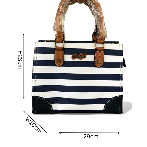 Cotton Road Handbag: NAVY and WHITE STRIPED PVC with TAN Handles and Matching Wallet