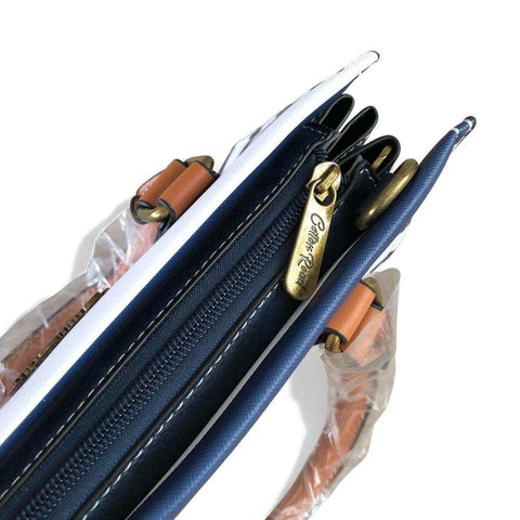 Cotton Road Handbag: NAVY and WHITE STRIPED PVC with TAN Handles and Matching Wallet