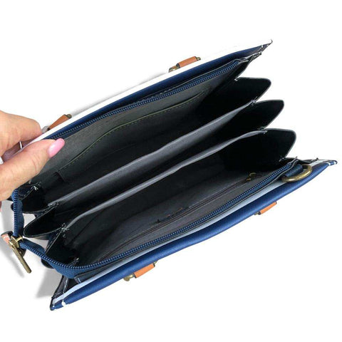 Cotton Road Handbag: NAVY and WHITE STRIPED PVC with TAN Handles and Matching Wallet