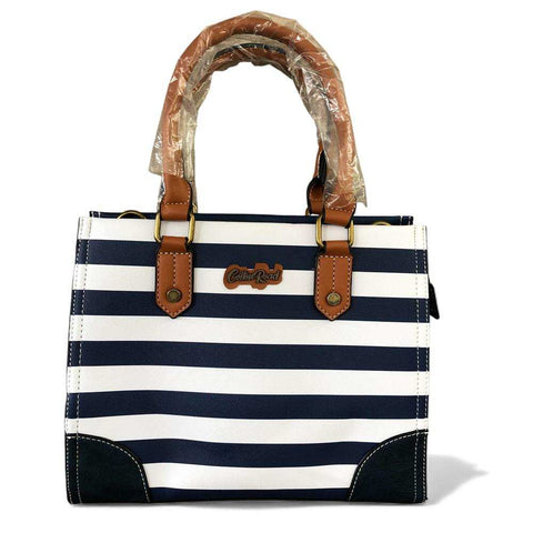 Cotton Road Handbag: NAVY and WHITE STRIPED PVC with TAN Handles and Matching Wallet