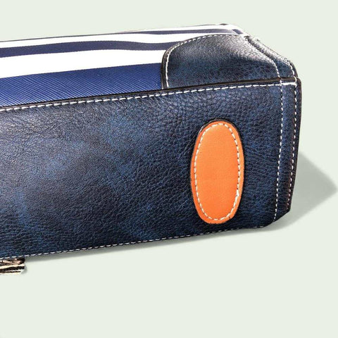 Cotton Road Handbag: NAVY and WHITE STRIPED PVC with TAN Handles and Matching Wallet