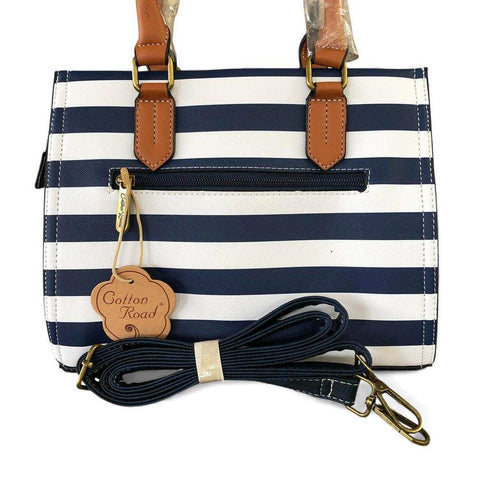 Cotton Road Handbag: NAVY and WHITE STRIPED PVC with TAN Handles and Matching Wallet