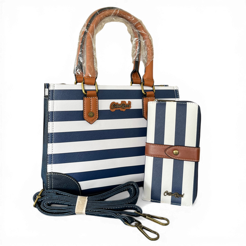 Cotton Road Handbag: NAVY and WHITE STRIPED PVC with TAN Handles and Matching Wallet