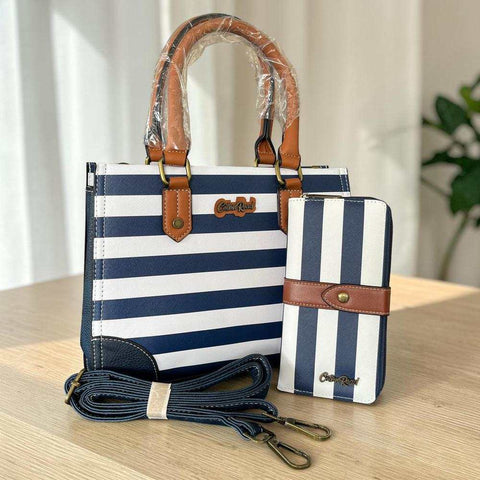 Cotton Road Handbag: NAVY and WHITE STRIPED PVC with TAN Handles and Matching Wallet